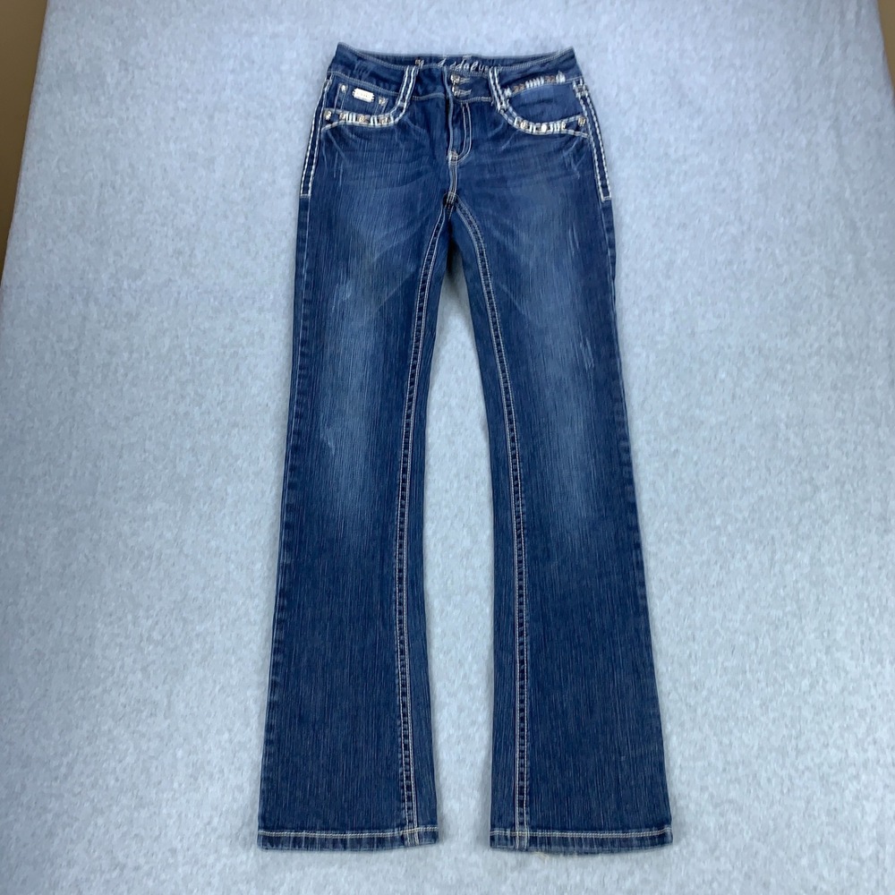 L.A. Idol Bootcut Jeans Womens 7 Blue Rhinestone Embroidered Pockets Stretch
